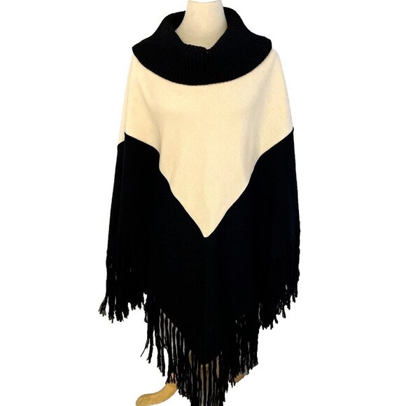 Fiore Bella Cowl Neck Poncho Women's M Cream/Black Merino Wool Blend Fringe Boho - Picture 1 of 10